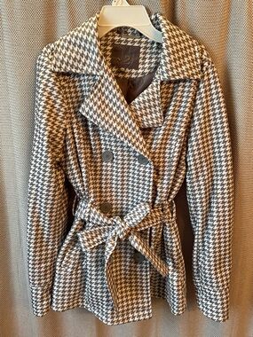 Houndstooth Belted Trench Coat - Gray & White